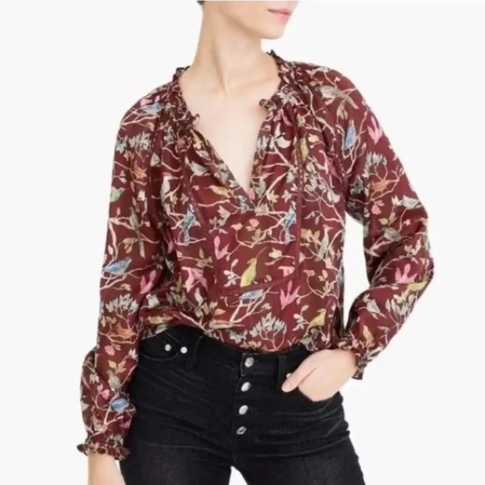J. Crew Pont Sur Ruffle Neck Popover Blouse Menagerie Bird Print Semi Sheer